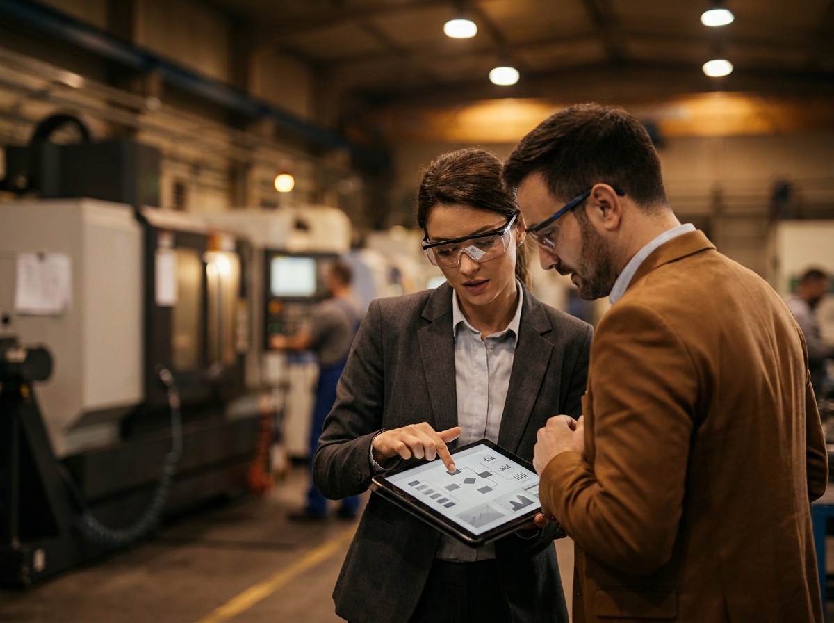 Operations consultants reviewing performance data on a manufacturing plant floor